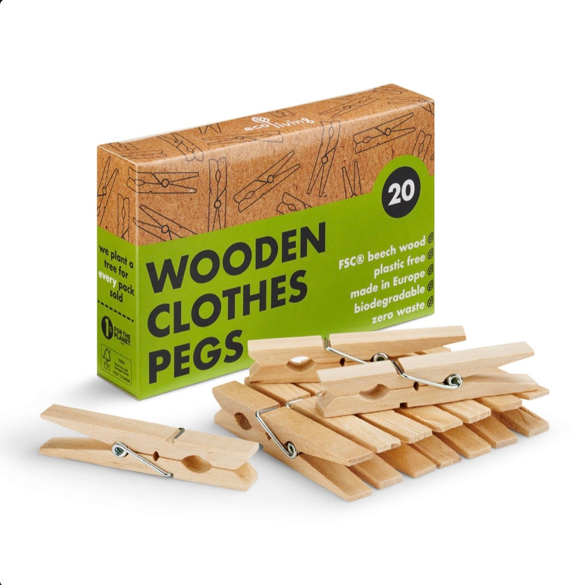 EcoLiving Wooden Clothes Pegs